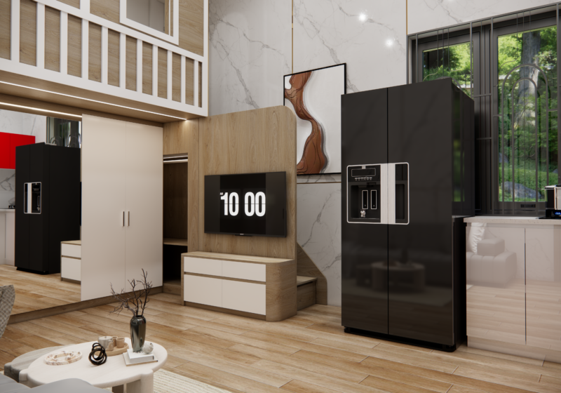 Dự án thiết kế nhà gác lửng cho nhà chị Ánh Tuyết, TP.HCM Vách tivi kết hợp tủ trang trí