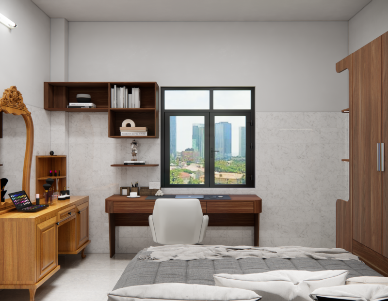 Bàn giao dự án thiết kế phòng ngủ cho nhà chị Oanh, TP.HCM Hệ kệ treo trang trí