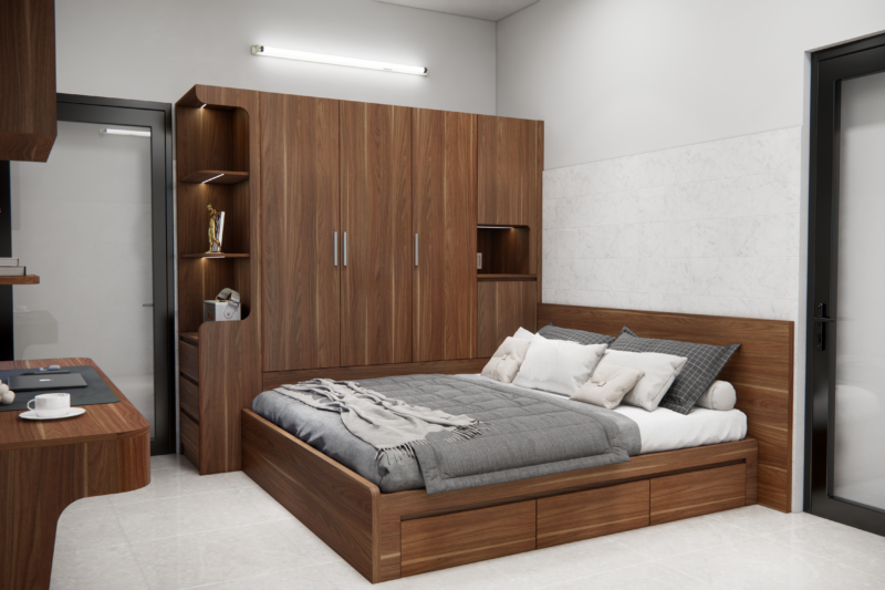Bàn giao dự án thiết kế phòng ngủ cho nhà chị Oanh, TP.HCM Hệ tủ quần áo cao kịch trần giúp tiết kiệm diện tích một cách tối đa