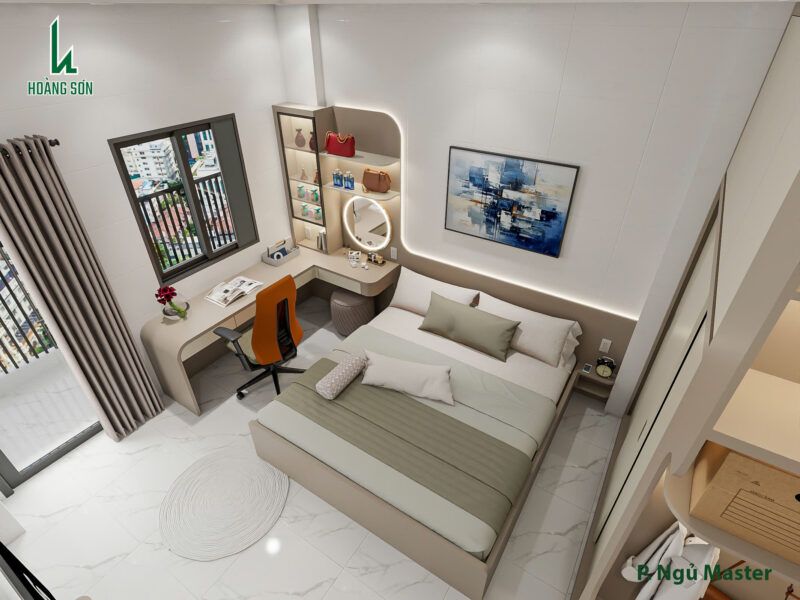 Bàn giao dự án thiết kế phòng ngủ cho nhà anh Nhân quận 3, TP.HCM Bàn làm việc kết hợp với bàn chữ L tiện lợi