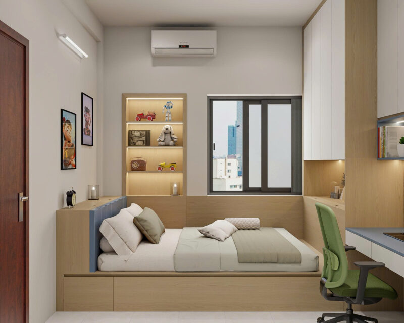Bàn giao dự an thiết kế phòng ngủ cho nhà chị Phương Bình Thạnh, TP.HCM Hệ giường ngủ kết kết hợp kệ trang trí