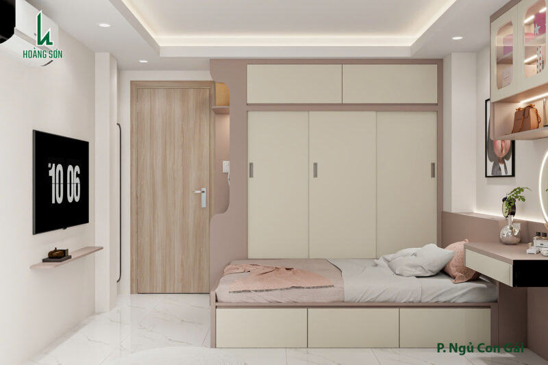 Bàn giao dự án thiết kế phòng ngủ bé gái cho nhà anh Nhân quận 3, TP.HCM Hệ tủ quần áo cao kịch trần giúp tiết kiệm diện tích tối đa