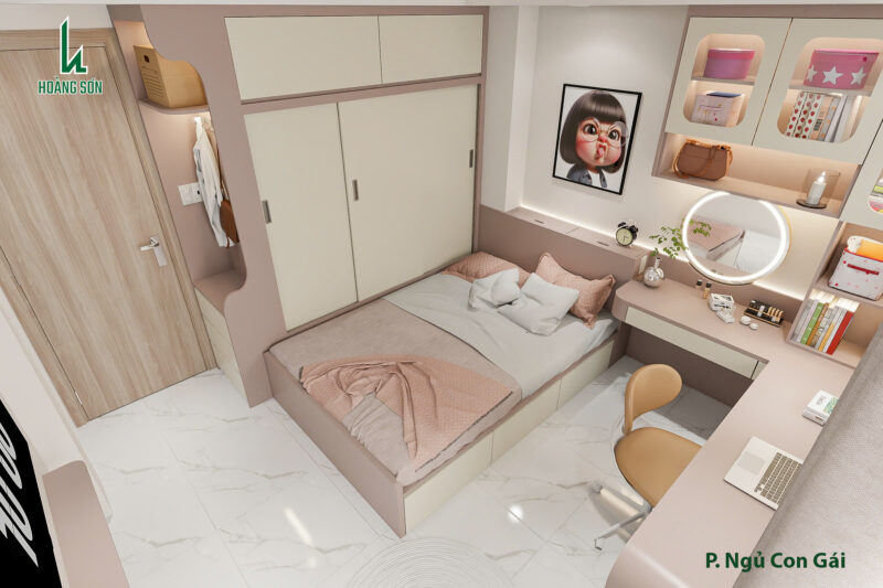 Bàn giao dự án thiết kế phòng ngủ bé gái cho nhà anh Nhân quận 3, TP.HCM Hệ kệ trang trí treo tường