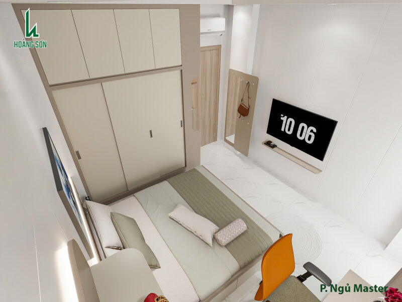 Bàn giao dự án thiết kế phòng ngủ cho nhà anh Nhân quận 3, TP.HCM Kệ tivi treo tường tối giản, hiện đại