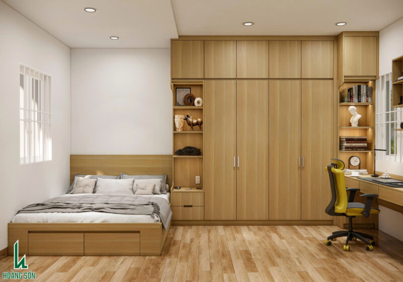 Dự án thiết kế phòng ngủ cho nhà anh Chinh quận 12, TP.HCM Hệ tủ quần áo cao kịch trần giúp tiét kiệm diện tích