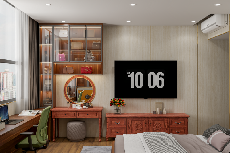 Bàn giao dự án thiết kế phòng ngủ cho nhà chị Thu quận 2, TP.HCM Bàn trang điểm kết hợp kệ trang trí