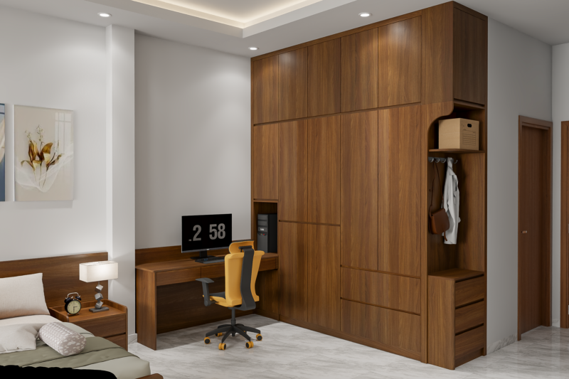 Bàn giao dự án thiết kế phòng ngủ cho nhà anh Hội Tân Phú, TP.HCM Bàn làm việc liên kết trực tiếp với hệ tủ