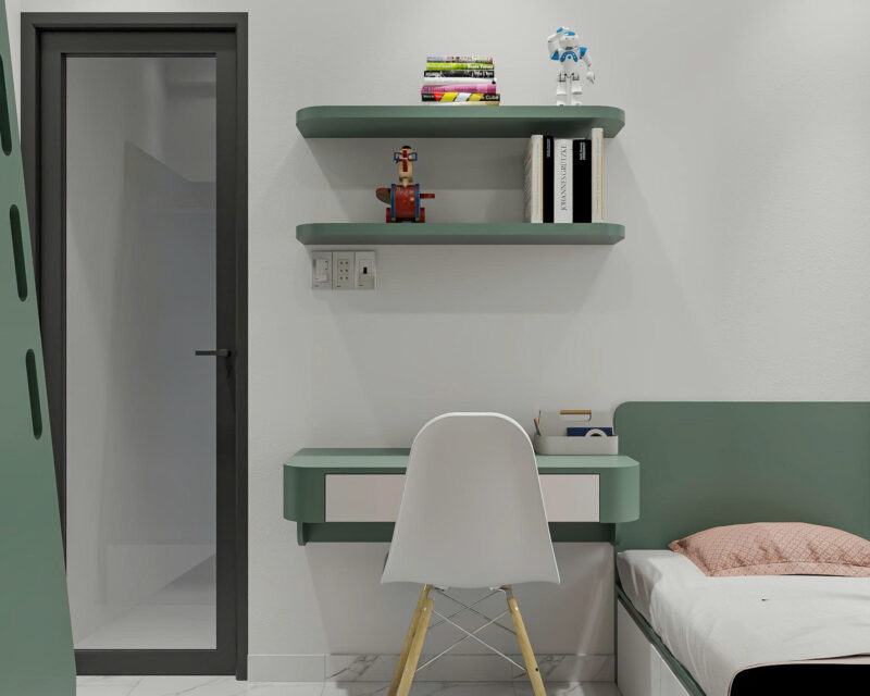 Bàn giao dự án thiết kế phòng ngủ giường tầng cho nhà chị Ngân Kệ sách và hệ trang trí