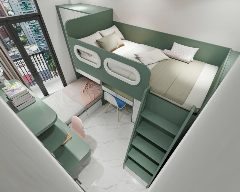 Bàn giao dự án thiết kế phòng ngủ giường tầng cho nhà chị Ngân Cầu thang lên chắc chắn và liền khối