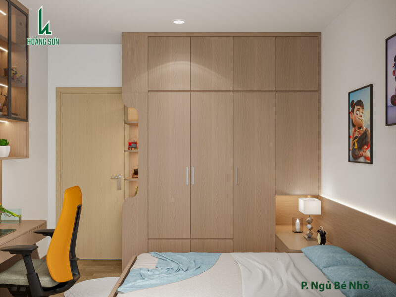 Dự án thiết kế phòng ngủ cho bé trai nhỏ nhà anh Ngân quận 7, TP.HCM Hệ tủ quần áo cao kịch trần giúp tối ưu không gian lưu trữ