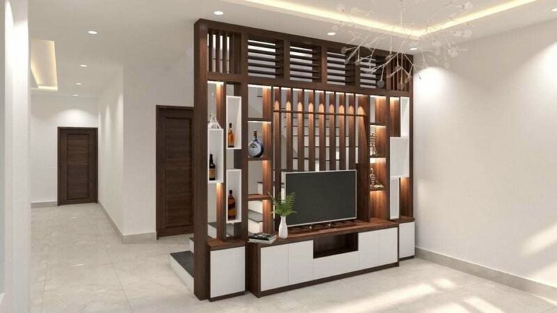 Vách ngăn phòng khách kết hợp kệ tivi 