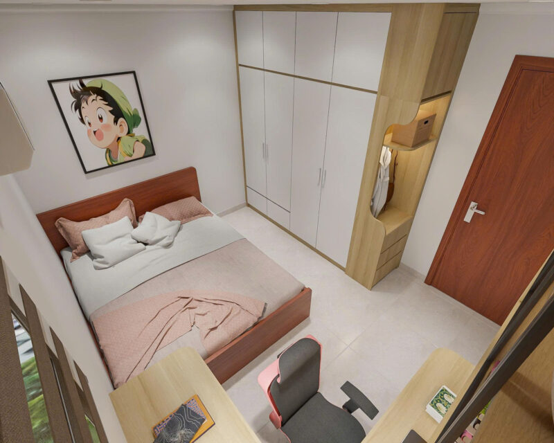 Bàn giao dự án thiết kế phòng ngủ cho nhà chị Ánh, TP.HCM Tủ quần áo cao kịch trần tối ưu không gian lưu trữ