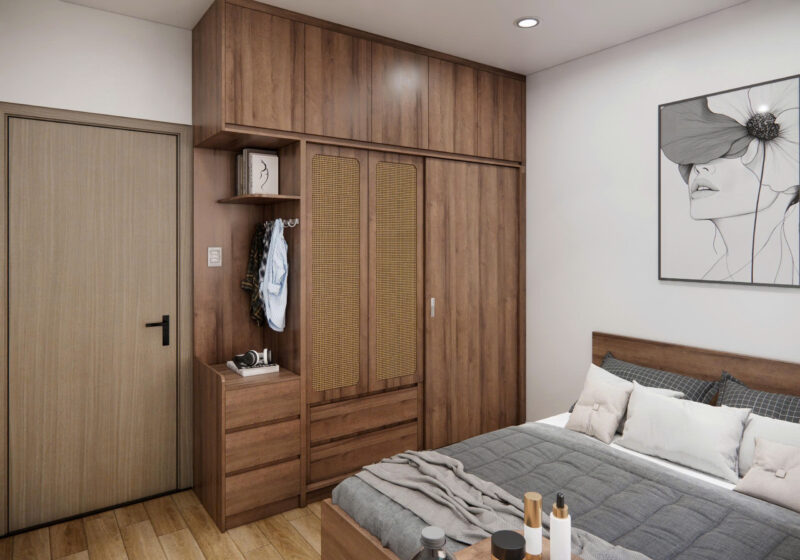 Dự án thiết kế phòng ngủ cho nhà anh Nghĩa quận 8, TP.HCM Hệ tủ trang trí kết hợp khu vực treo đồ