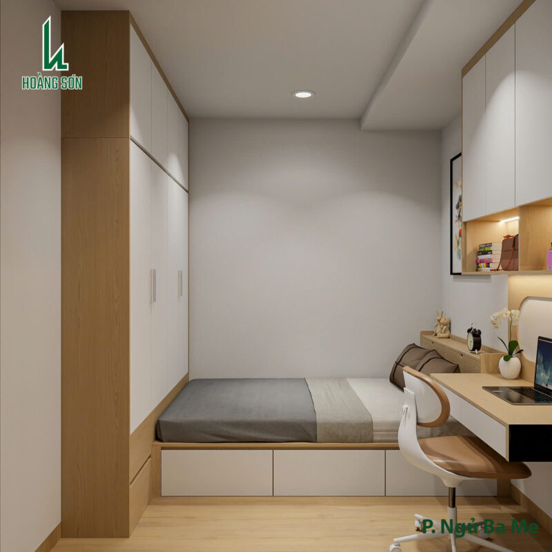 Bàn giao dự án thiết kế phòng ngủ cho nhà chị Huyền Bàn làm việc kết hợp kệ trang trí