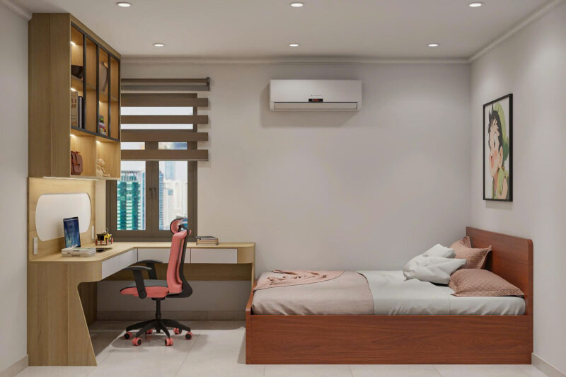 Bàn giao dự án thiết kế phòng ngủ cho nhà chị Ánh, TP.HCM Bàn học chữ L giúp tận dụng ánh sáng tự nhiên