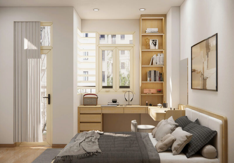 Bàn giao dự án thiết kế phòng ngủ cho nhà anh Trung quận 12 Bàn làm việc kết hợp kệ trang trí