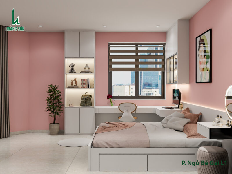 Dự án thiết kế phòng ngủ bé gái cho nhà chị Huyền quận 9 Bàn học được thiết kế liền khối tiện nghi