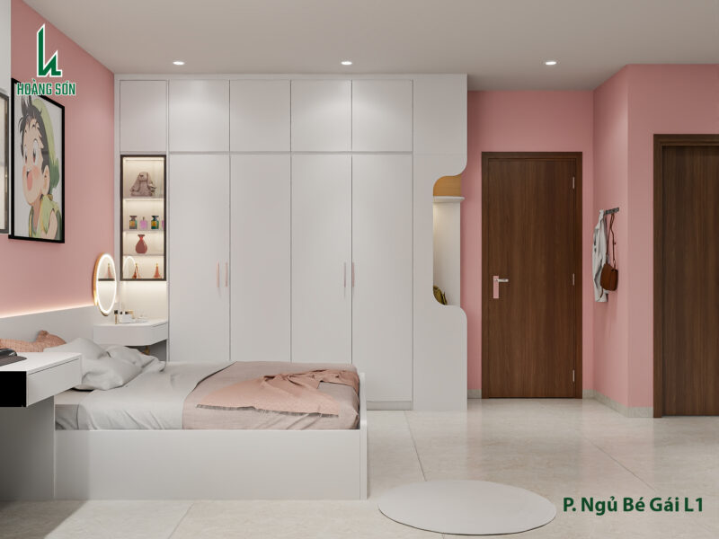 Dự án thiết kế phòng ngủ bé gái cho nhà chị Huyền quận 9 Tủ quần áo được thiết kế cao sát trần tăng khả năng lưu trữ