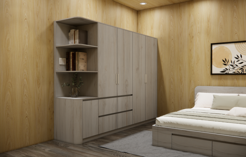 Dự án thiết kế phòng ngủ cho nhà anh Hải, TP.HCM Tủ quần áo kết hợp hệ kệ trang trí