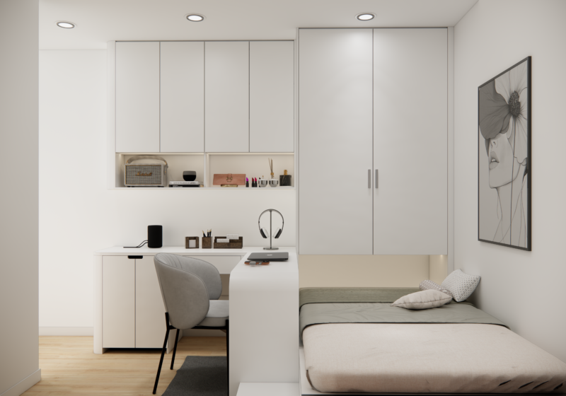 Dự án thiết kế phòng ngủ cho nhà chị Quyên TP.HCM Tủ quần áo kịch trần – Tối ưu không gian lưu trữ