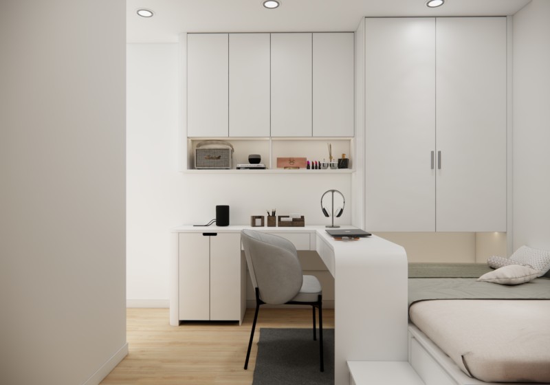 Dự án thiết kế phòng ngủ cho nhà chị Quyên TP.HCM Hệ tủ treo tường kết hợp kệ trang trí có đèn LED