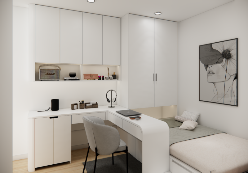 Dự án thiết kế phòng ngủ cho nhà chị Quyên TP.HCM Bàn chữ L thiết kế bo cong mềm mại