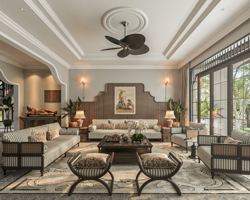 Mẫu nội thất phòng khách 3D phong cách Indochine