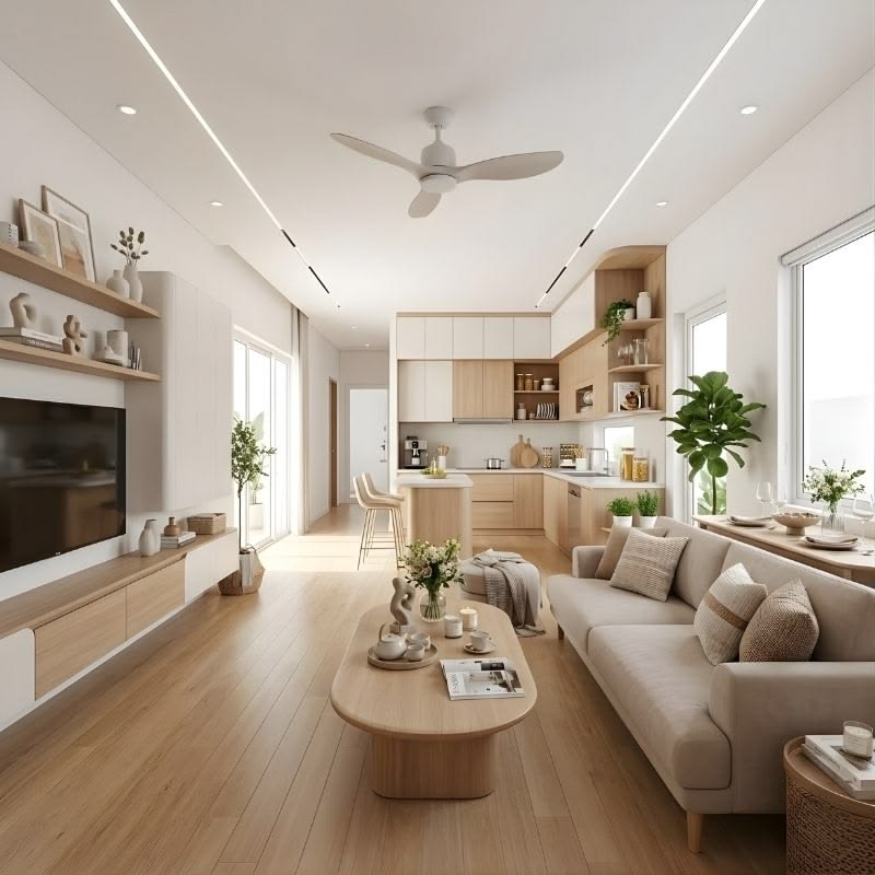 Mẫu phòng khách liền bếp 25m2 phong cách Scandinavian