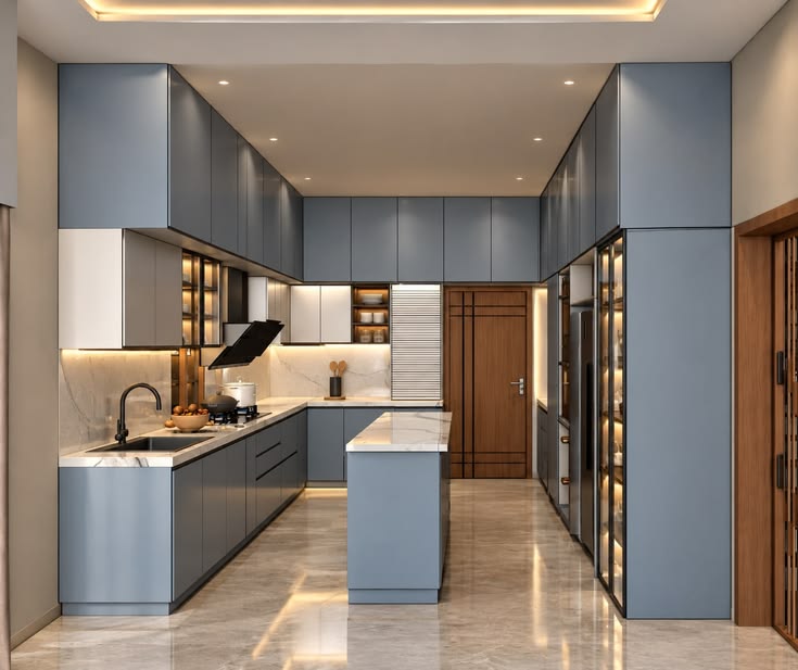Phối màu tủ bếp xanh navy - trắng