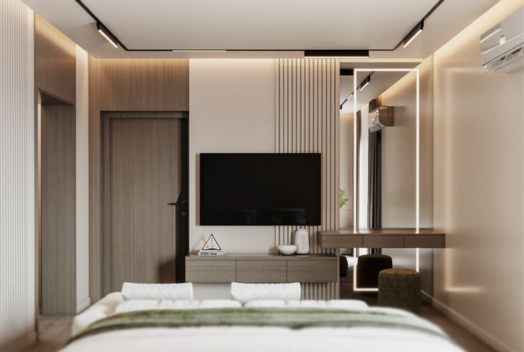 25++ Mẫu phòng ngủ có kệ tivi treo tường đẹp và gọn gàng Phòng ngủ có kệ tivi treo tường
