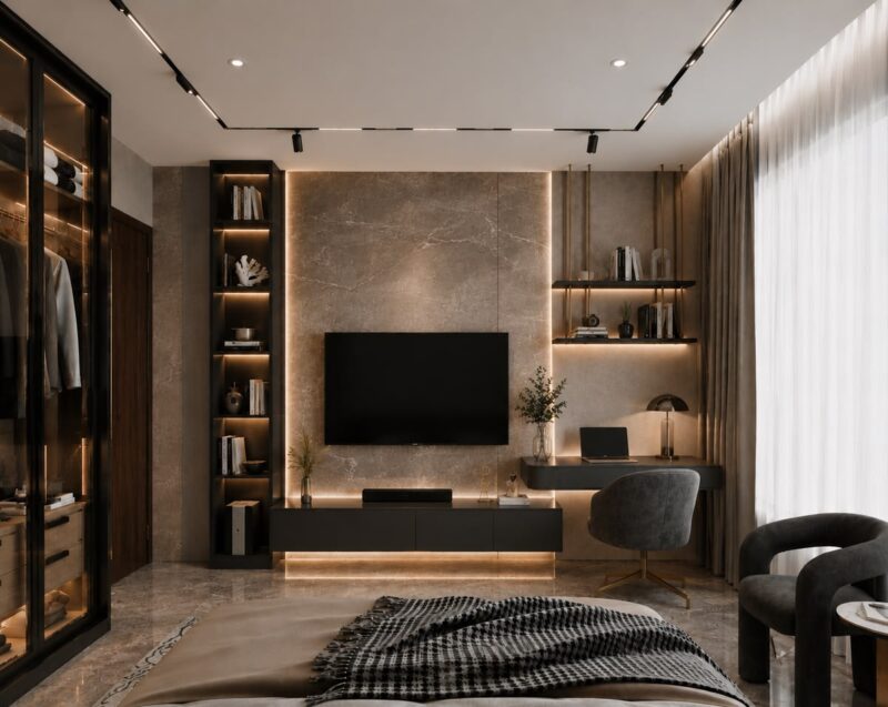 25++ Mẫu phòng ngủ có kệ tivi treo tường đẹp và gọn gàng Phòng ngủ có kệ tivi treo tường