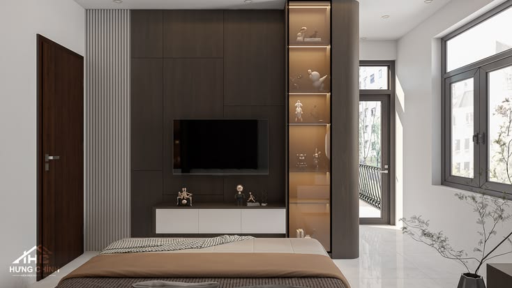 25++ Mẫu phòng ngủ có kệ tivi treo tường đẹp và gọn gàng Phòng ngủ có kệ tivi treo tường