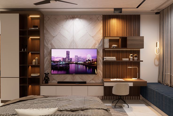 25++ Mẫu phòng ngủ có kệ tivi treo tường đẹp và gọn gàng Phòng ngủ có kệ tivi treo tường