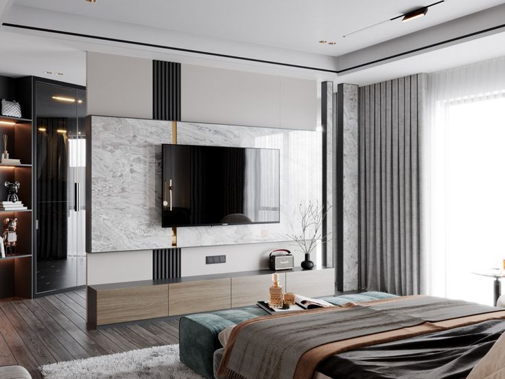 25++ Mẫu phòng ngủ có kệ tivi treo tường đẹp và gọn gàng Phòng ngủ có kệ tivi treo tường