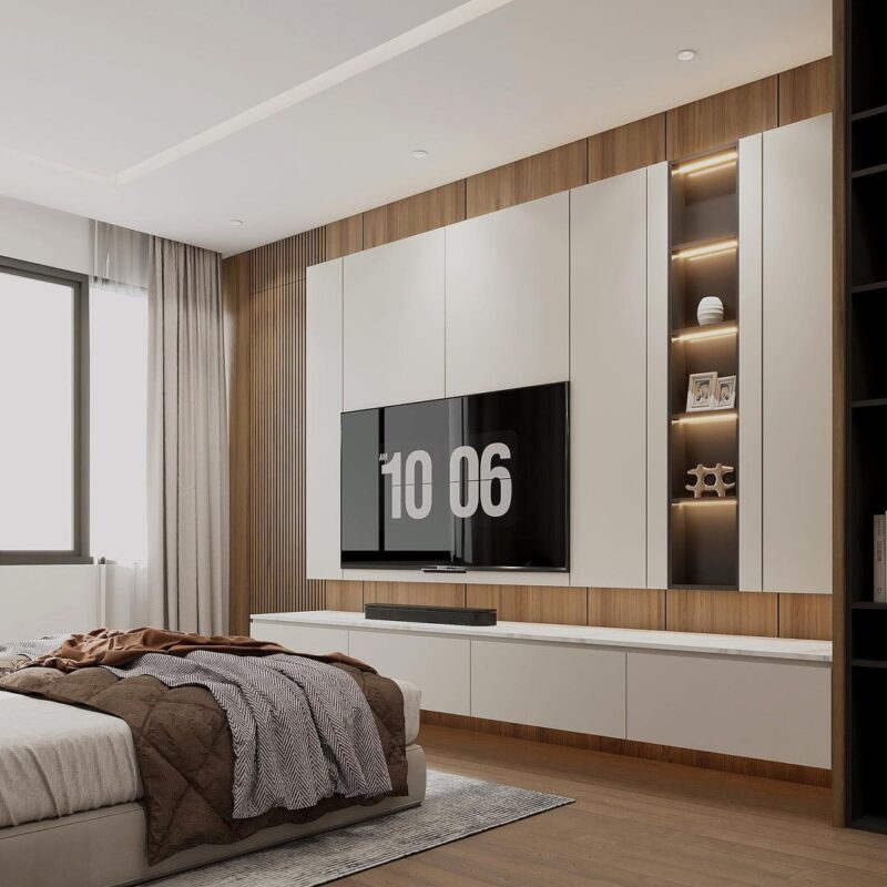 25++ Mẫu phòng ngủ có kệ tivi treo tường đẹp và gọn gàng Phòng ngủ có kệ tivi treo tường