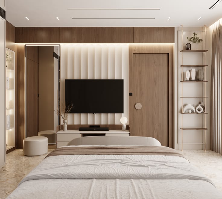 25++ Mẫu phòng ngủ có kệ tivi treo tường đẹp và gọn gàng Phòng ngủ có kệ tivi treo tường