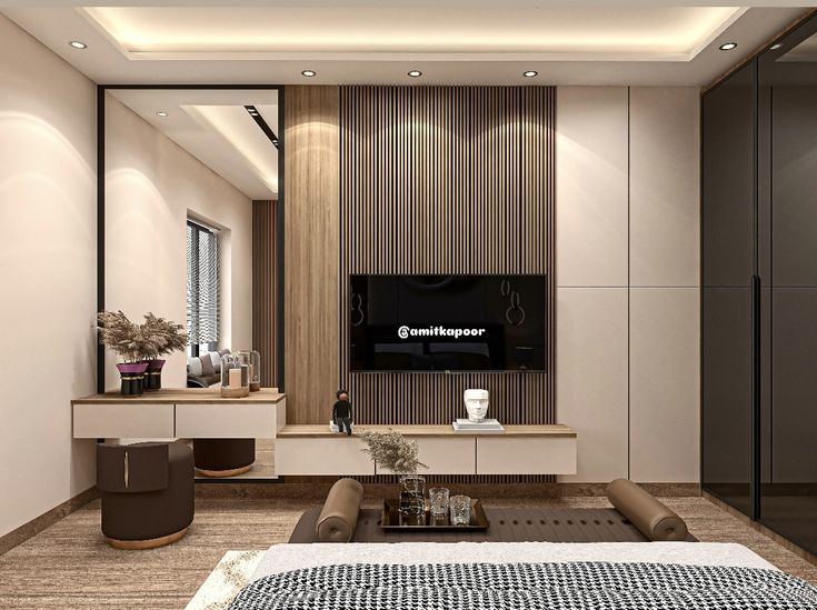 25++ Mẫu phòng ngủ có kệ tivi treo tường đẹp và gọn gàng Phòng ngủ có kệ tivi treo tường