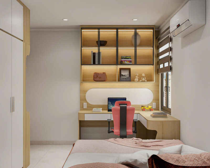 Bàn giao dự án thiết kế phòng ngủ cho nhà chị Ánh, TP.HCM Hệ tủ sách treo tường – Hiện đại và tiện nghi