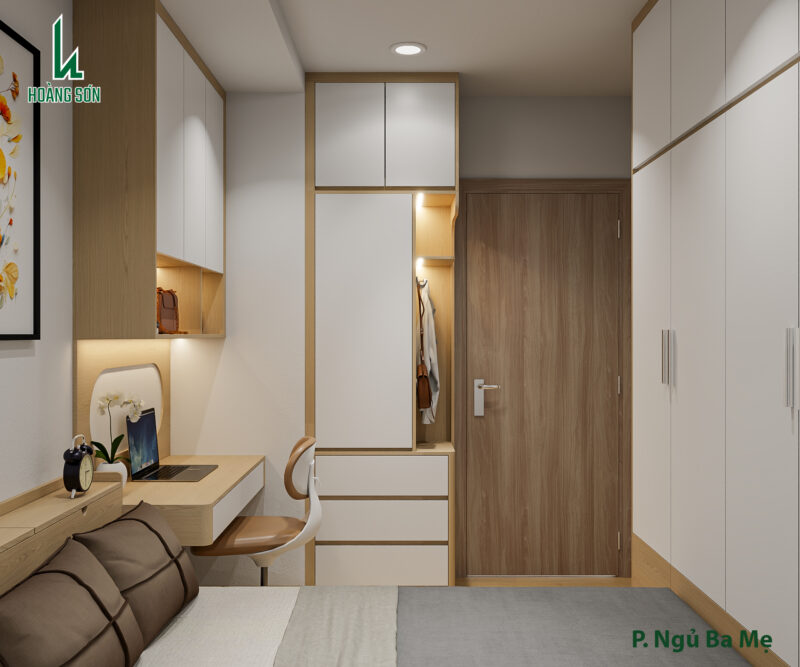 Bàn giao dự án thiết kế phòng ngủ cho nhà Huyền quận 7, TP.HCM Bàn làm việc kết hợp kệ trang trí