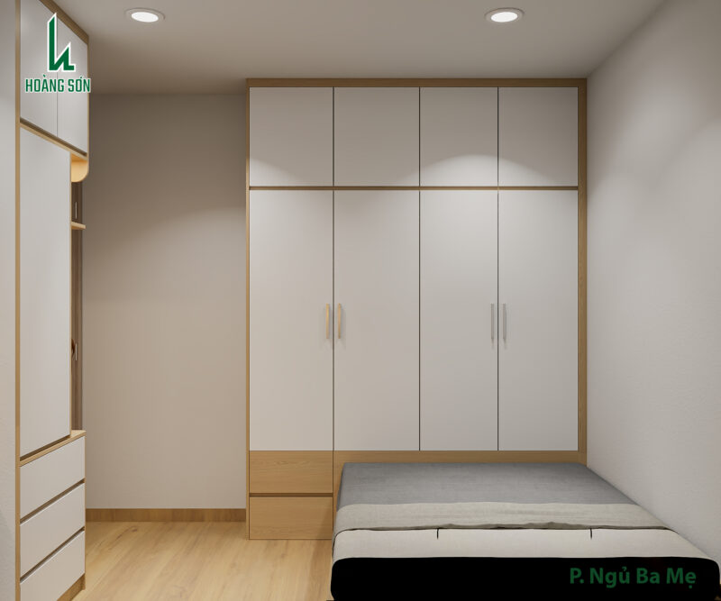 Bàn giao dự án thiết kế phòng ngủ cho nhà Huyền quận 7, TP.HCM Hệ tủ quần áo cao kịch trần tối ưu diện tích lưu trữ