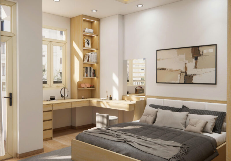 Bàn giao dự án thiết kế phòng ngủ cho nhà anh Trung quận 12 Bàn trang điểm liền mạch với bàn làm việc