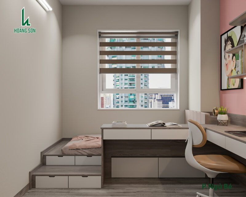 Dự án thiết kế phòng ngủ cho nhà anh Hoàng quận 12, TP.HCM Bàn học được thiết kế liền khối tối đa công năng