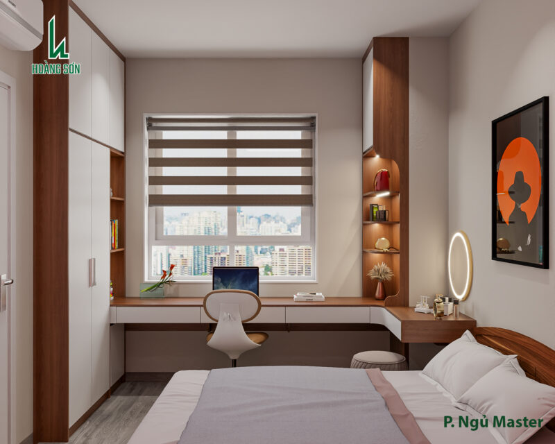 Bàn giao dự án thiết kế phòng ngủ cho nhà anh Hoàng quận 12 Tủ quần áo cao kịch trần tối ưu diện tích lưu trữ